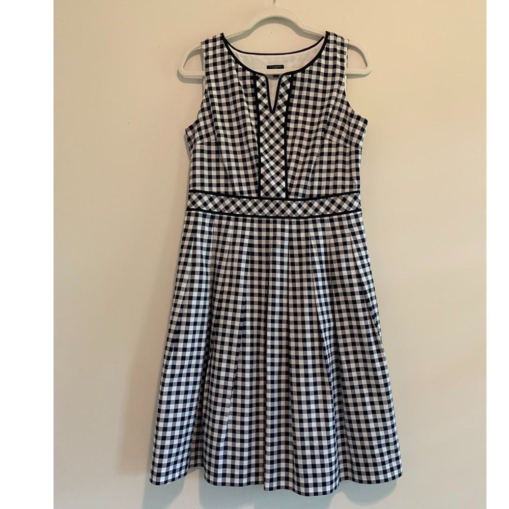Talbots Navy White Gingham Fit & Flare Sleeveless Cotton Dress Preppy‎ 8P